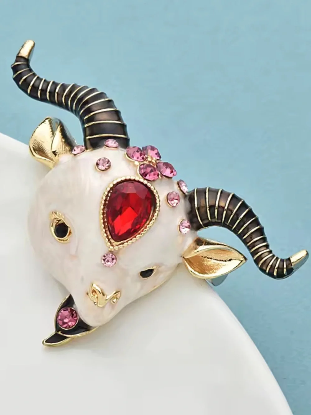 Luxury Ram Goat Head Red Ruby Crystal Brooch